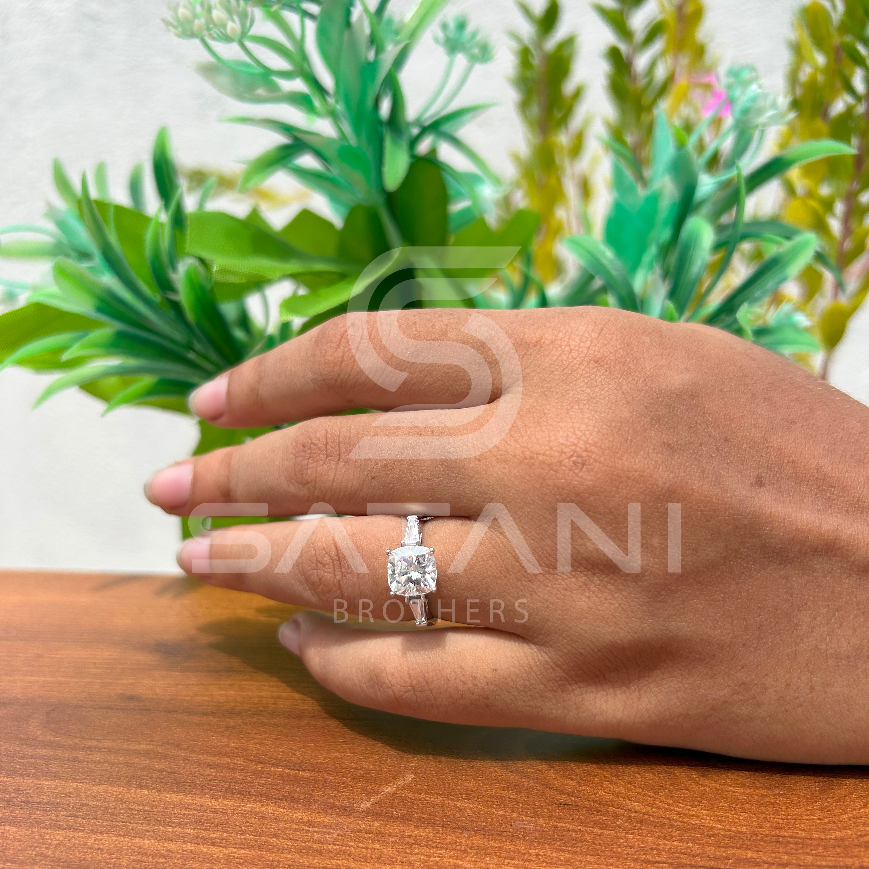 Cushion Cut Diamond Engagement Ring with Baguette Side Stones | 925 Silver Solitaire Ring | Classic Three Stone Diamond Ring for Women