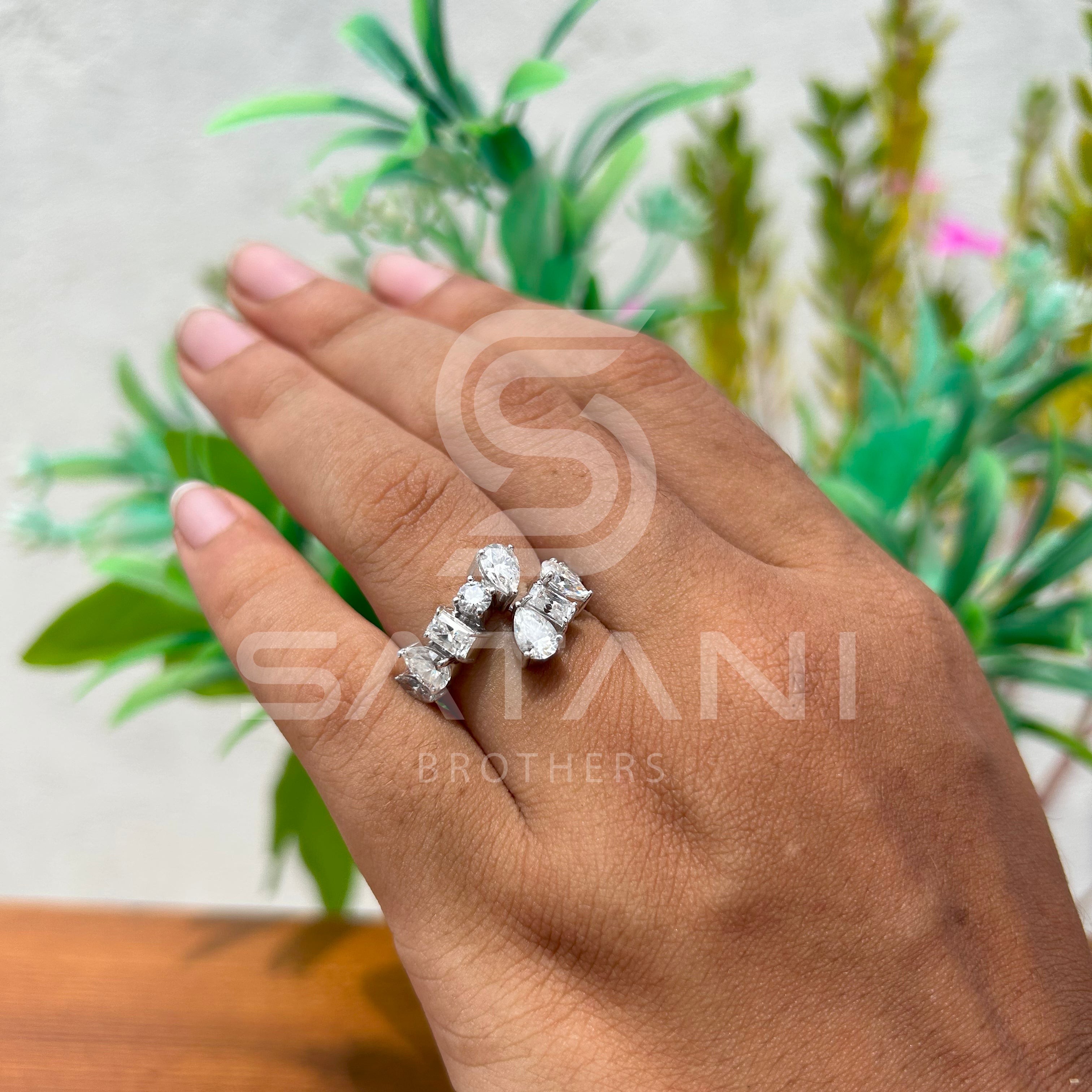 Diamond Band Ring with Emerald, Round, Pear & Marquise Cut Stones | 925 Silver Multi-Shape Diamond Ring | Elegant Anniversary or Wedding Band
