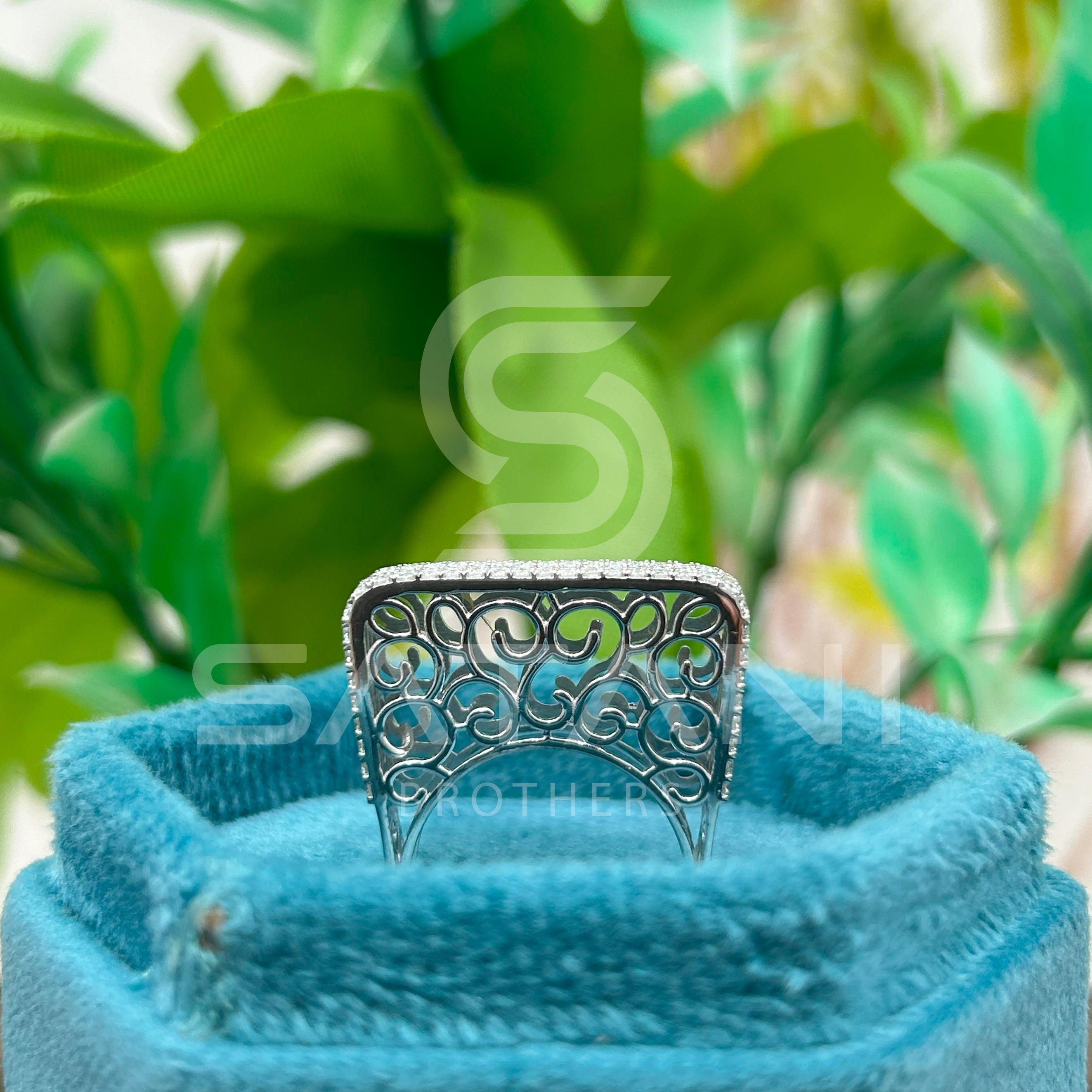 Elegant Wide Band Pave Diamond Ring – Multi-Row Rectangle Top with Filigree Design, Statement Cocktail Ring