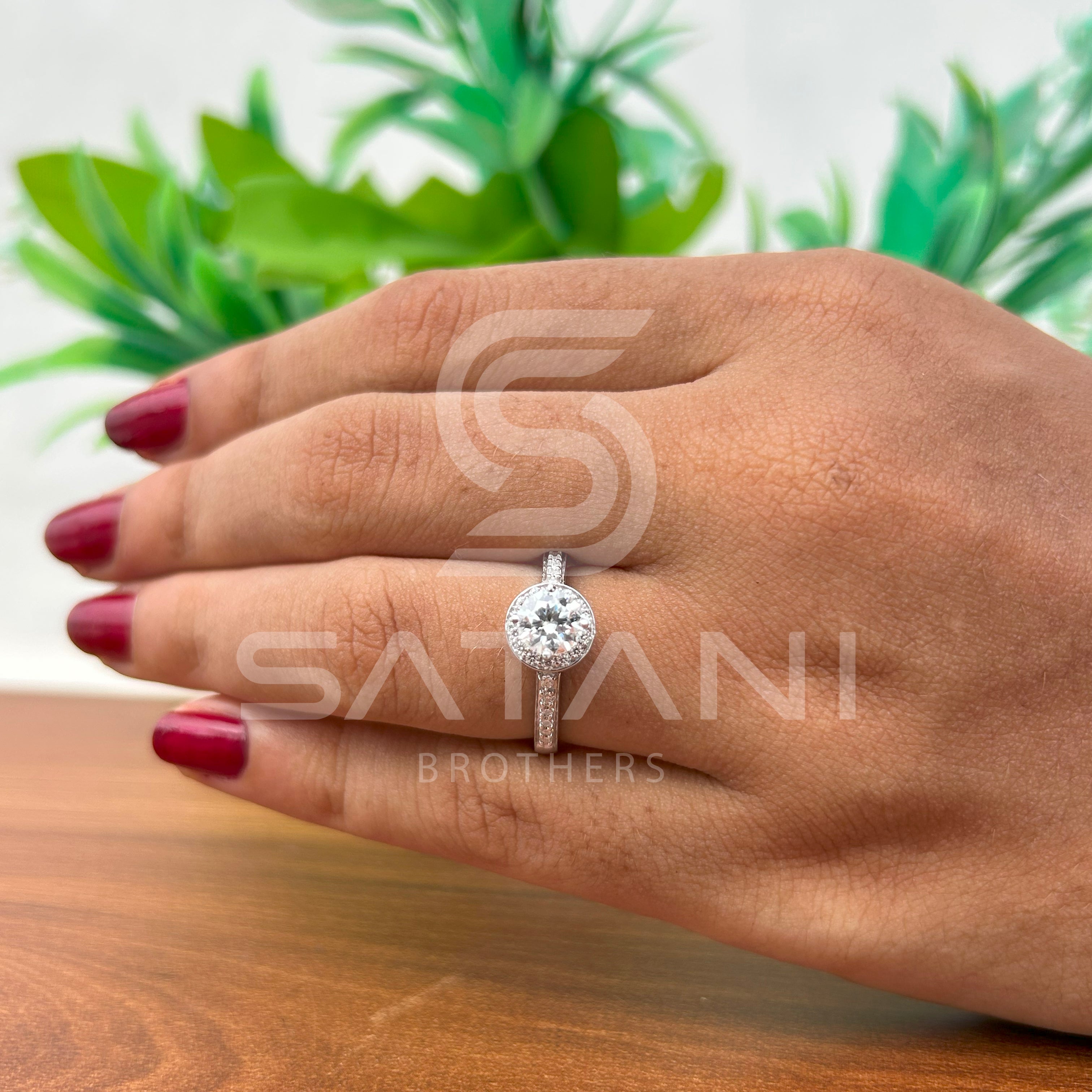 Moissanite Halo Engagement Ring – Round Cut Solitaire with Pave Band, Classic Diamond Alternative Bridal Ring, White Gold