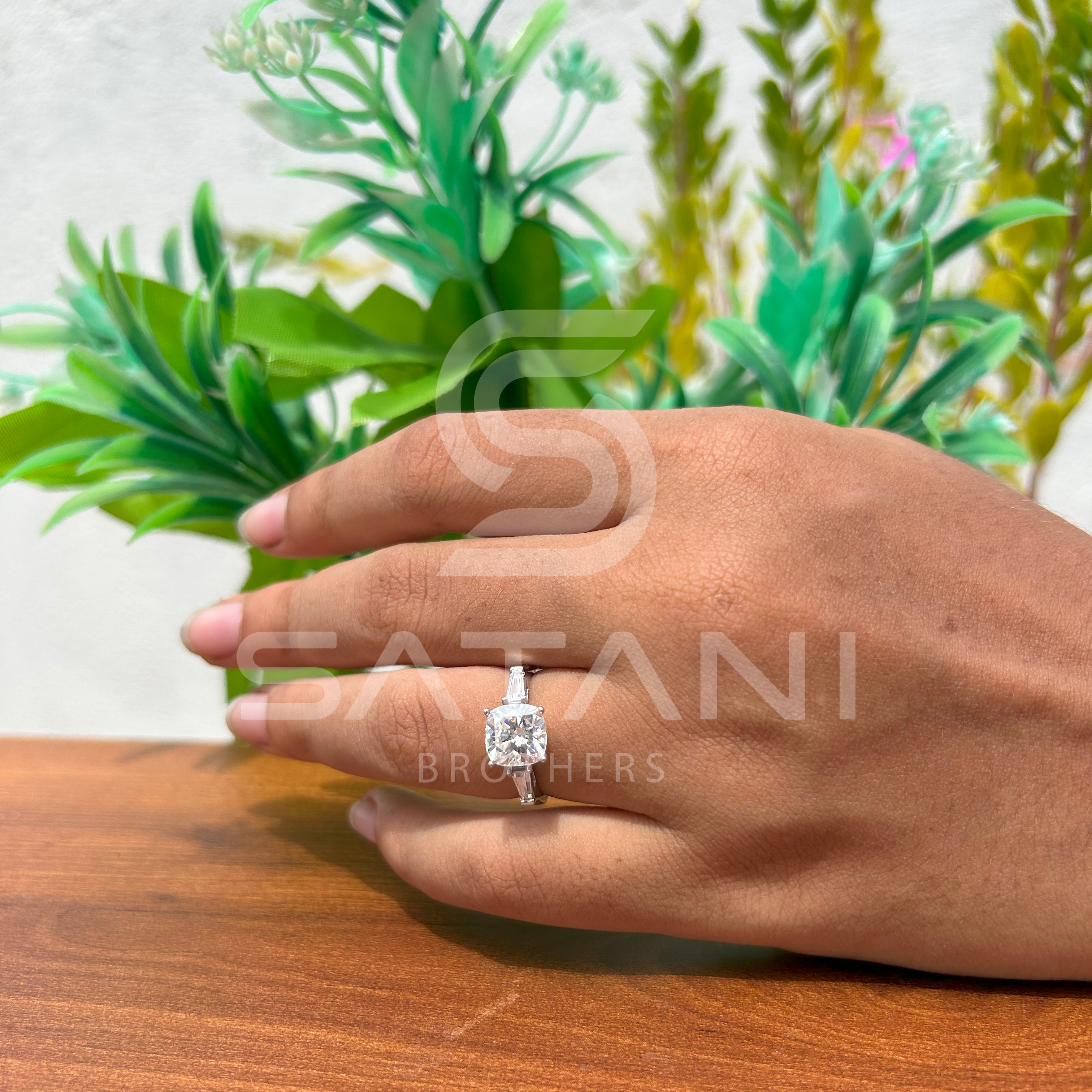 Cushion Cut Diamond Engagement Ring with Baguette Side Stones | 925 Silver Solitaire Ring | Classic Three Stone Diamond Ring for Women