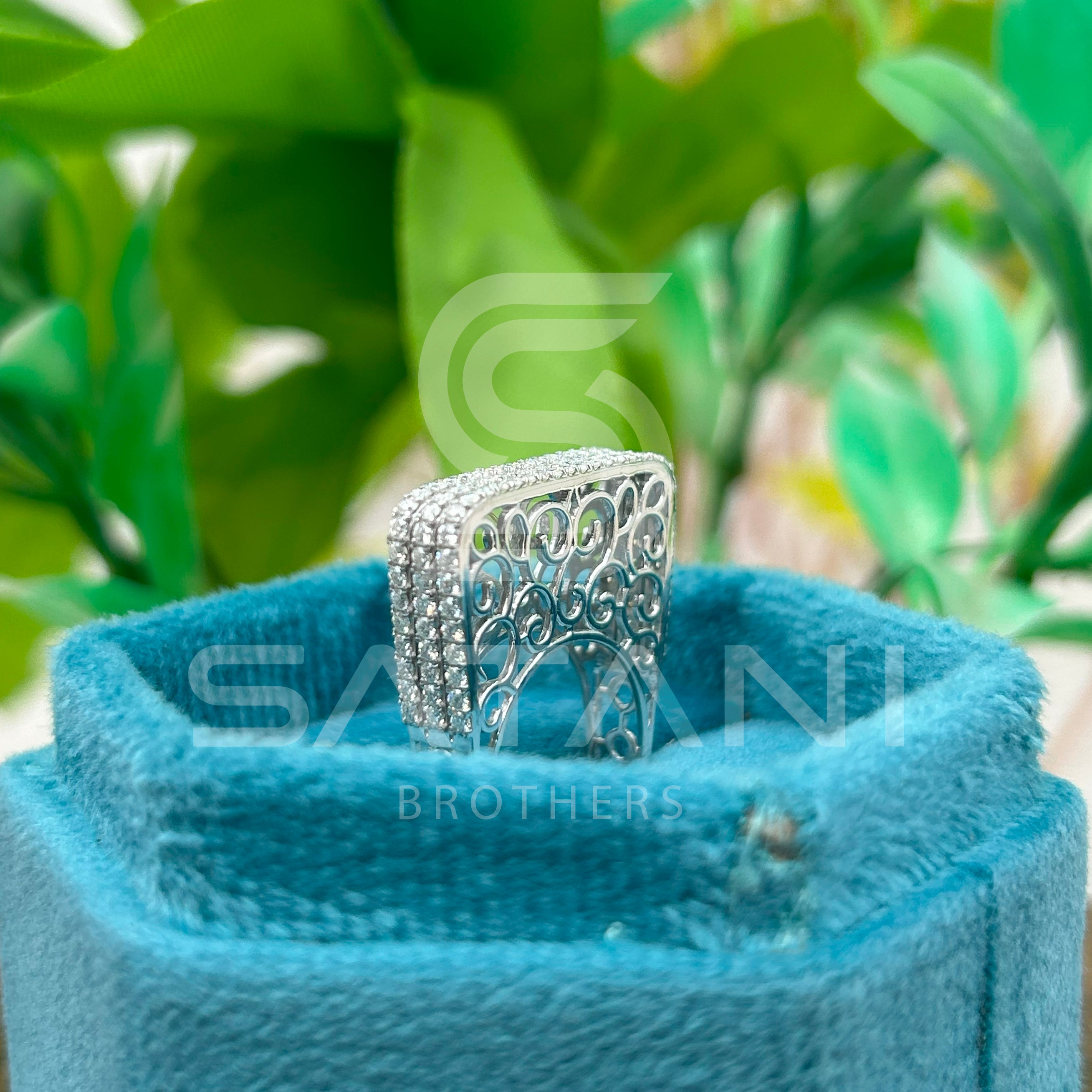 Elegant Wide Band Pave Diamond Ring – Multi-Row Rectangle Top with Filigree Design, Statement Cocktail Ring