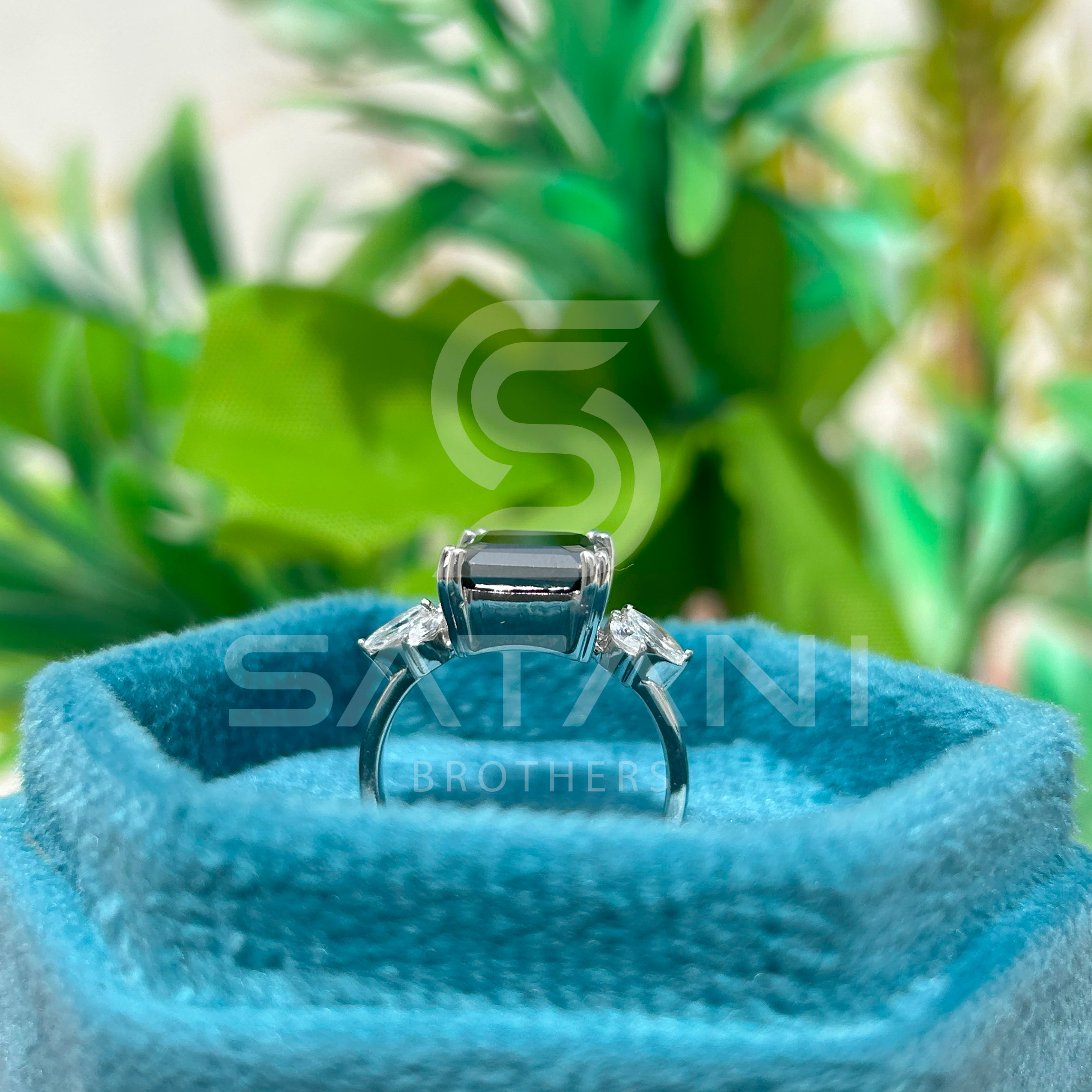 Emerald Cut Black Moissanite Engagement Ring β Unique Floral Leaf Accent Moissanite Jewellery in White Gold, Modern Statement Ring by Satani Brothers
