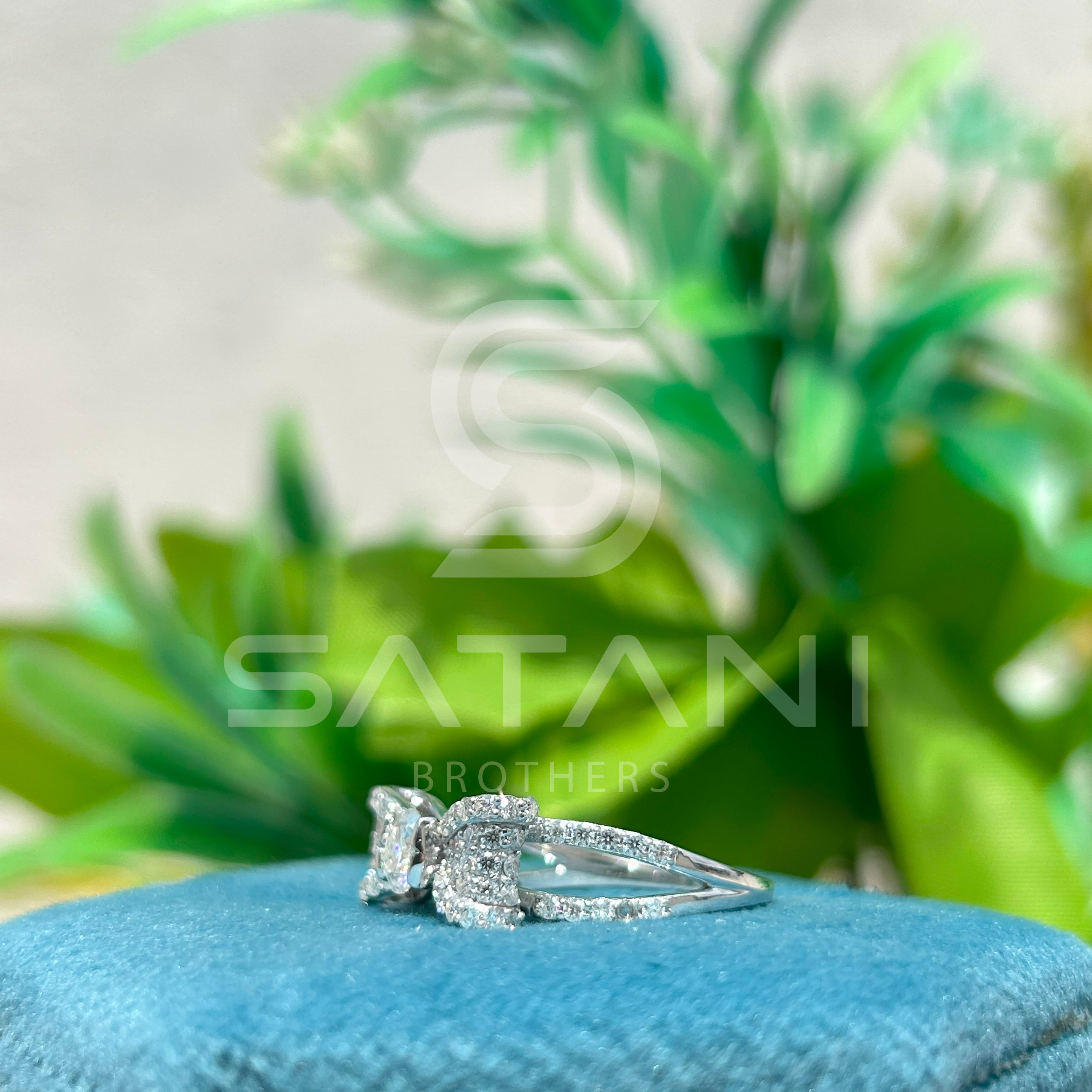 Moissanite Bow Engagement Ring – Round Cut Solitaire with Pave Diamond Accents, Unique Ribbon Design Bridal Ring, White Gold/Platinum"