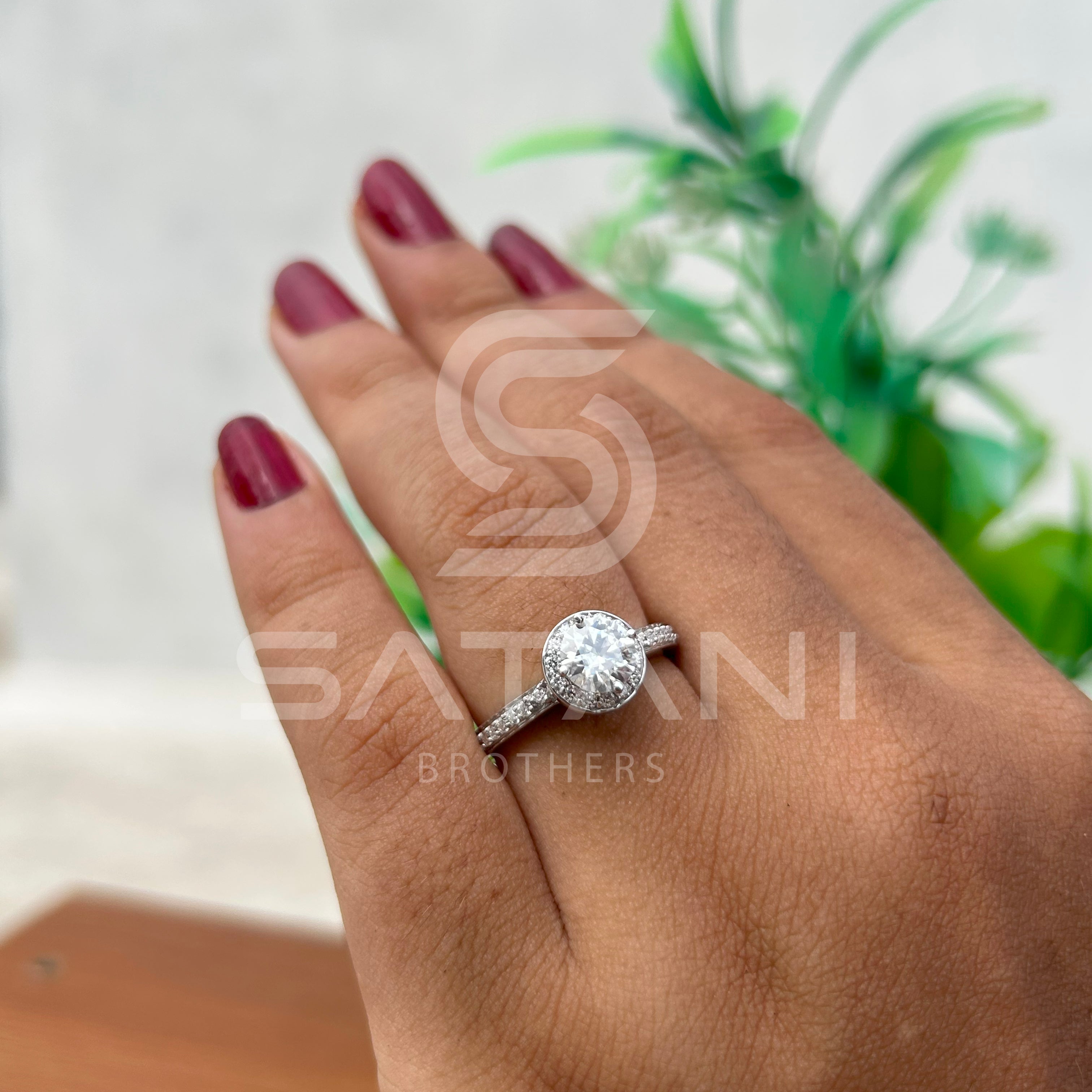 Moissanite Halo Engagement Ring – Round Cut Solitaire with Pave Band, Classic Diamond Alternative Bridal Ring, White Gold
