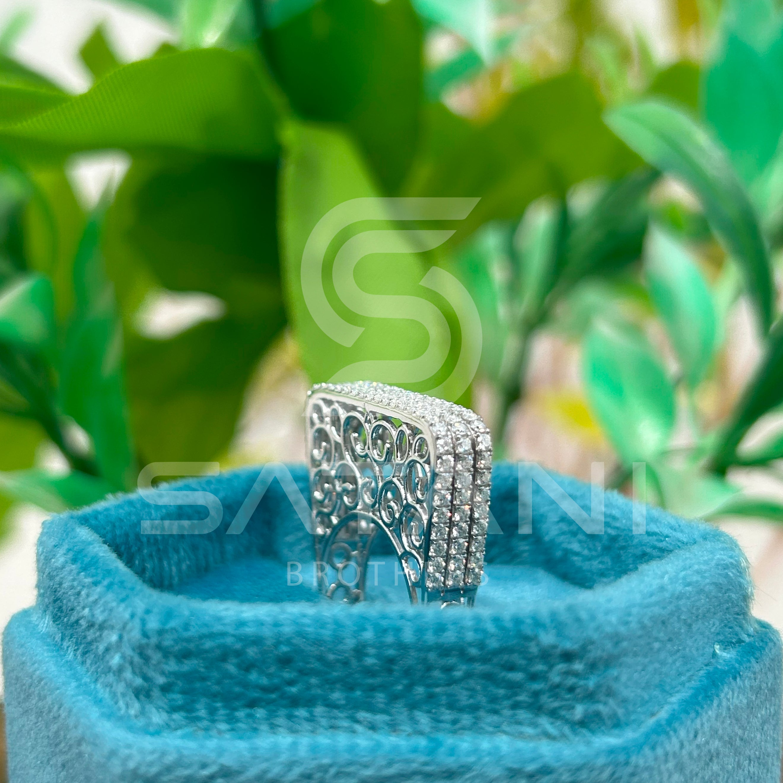 Elegant Wide Band Pave Diamond Ring – Multi-Row Rectangle Top with Filigree Design, Statement Cocktail Ring