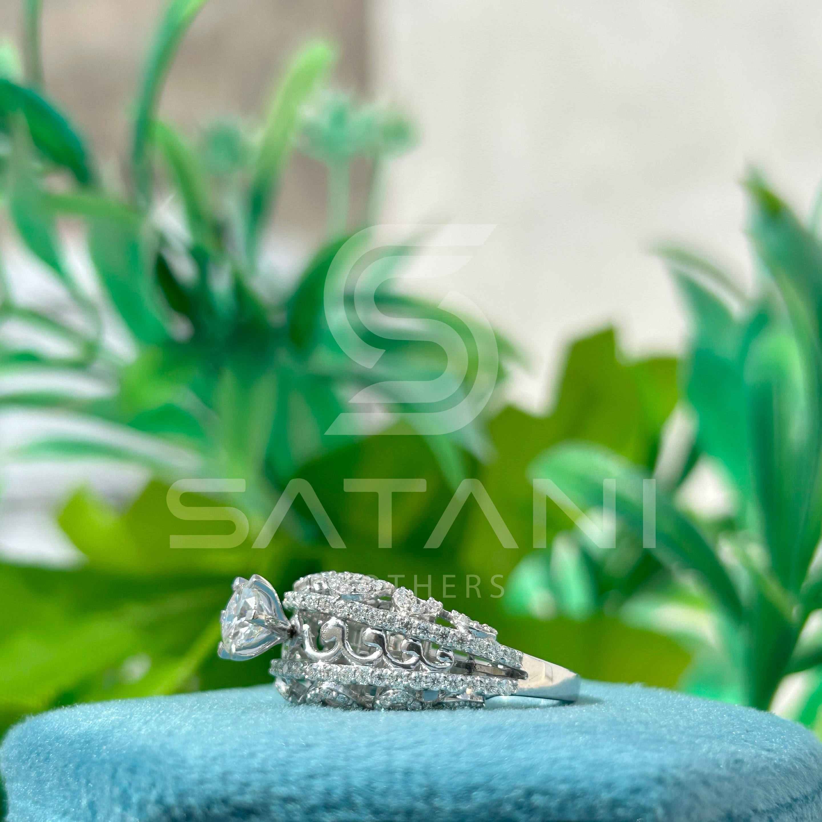"Vintage-Inspired Oval Halo Engagement Ring – Triple Row Pave Band with Filigree Detailing"