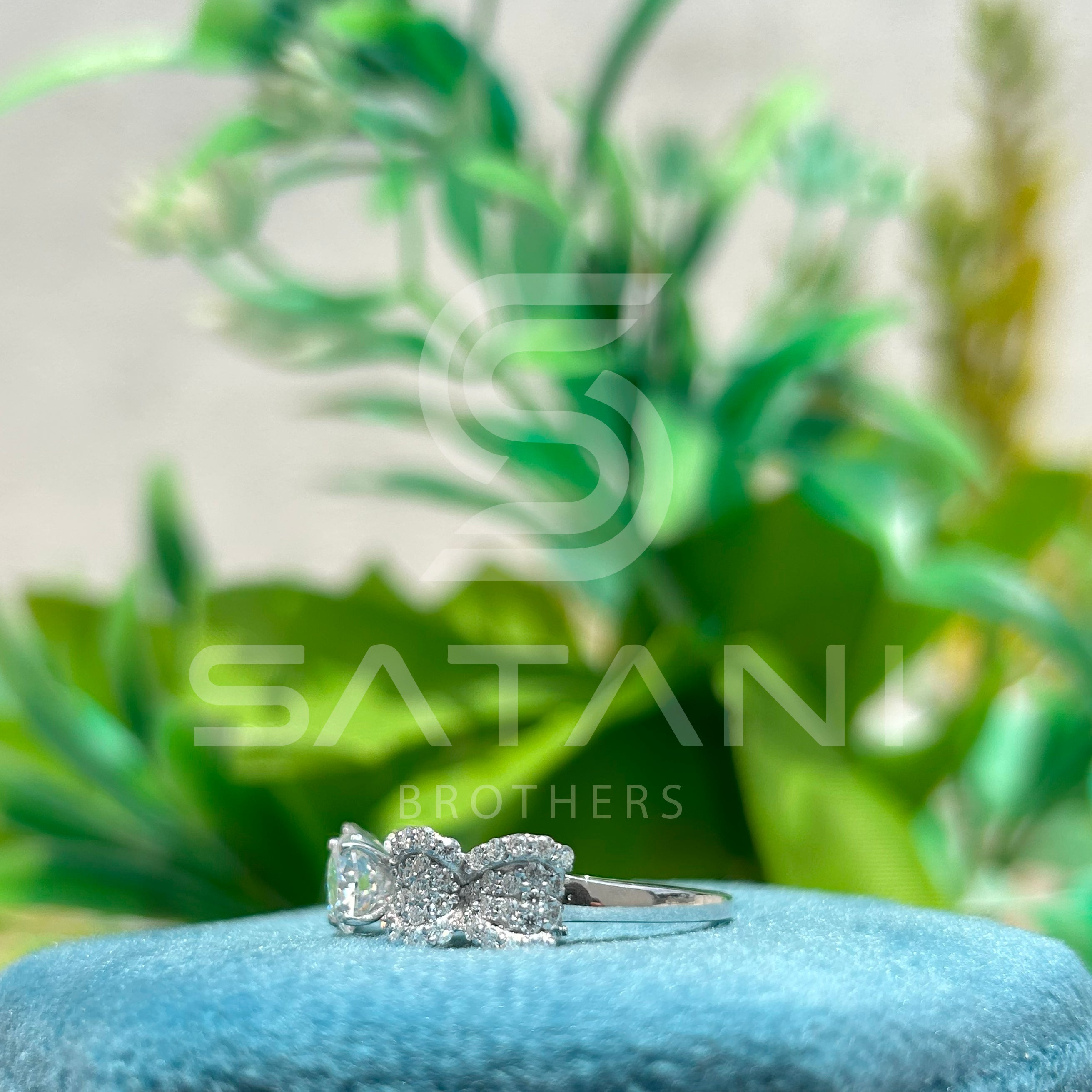14K White Gold Bow Design Engagement Ring with Round Brilliant Cut Diamond & Pave Accents