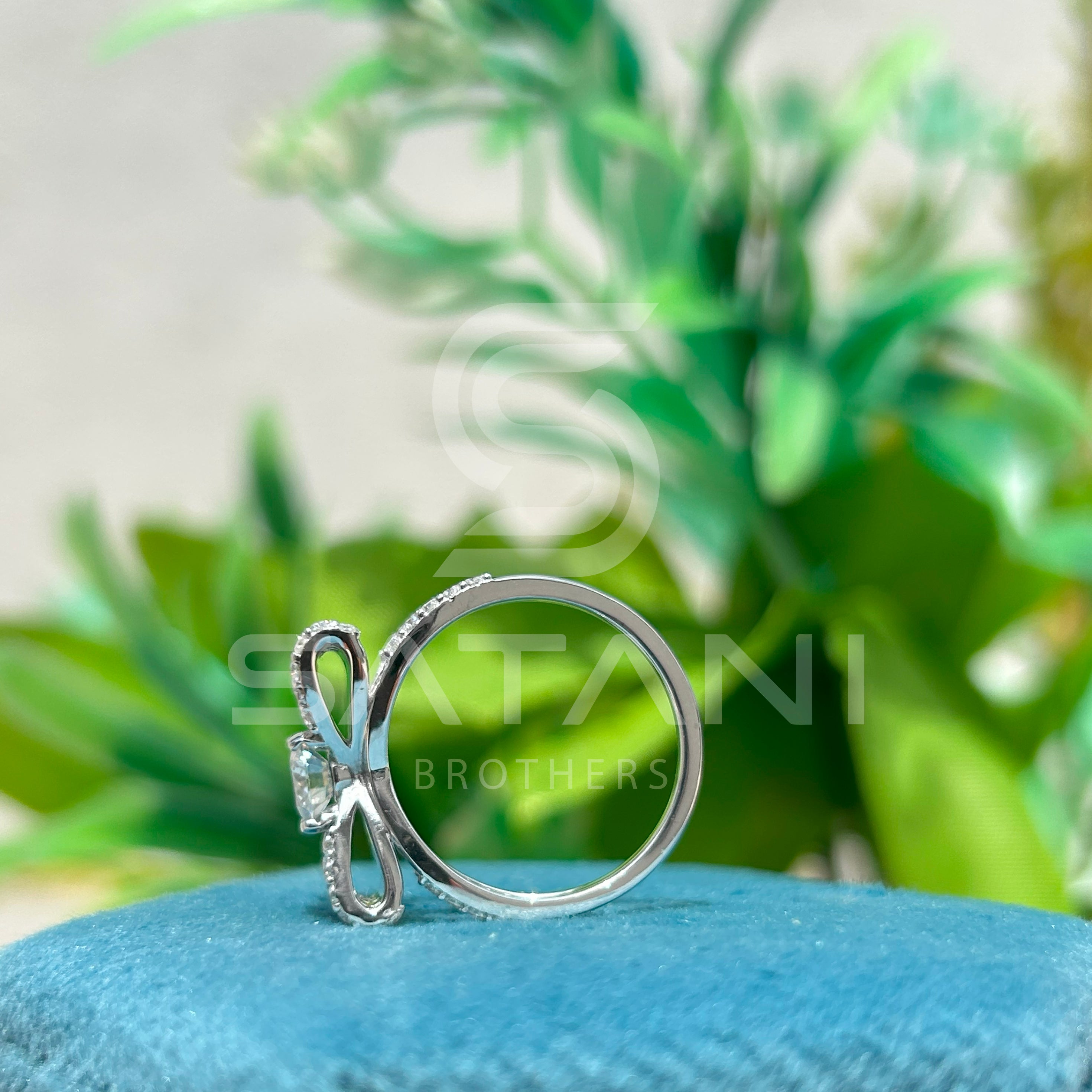 Moissanite Bow Engagement Ring – Round Cut Solitaire with Pave Diamond Accents, Unique Ribbon Design Bridal Ring, White Gold/Platinum"