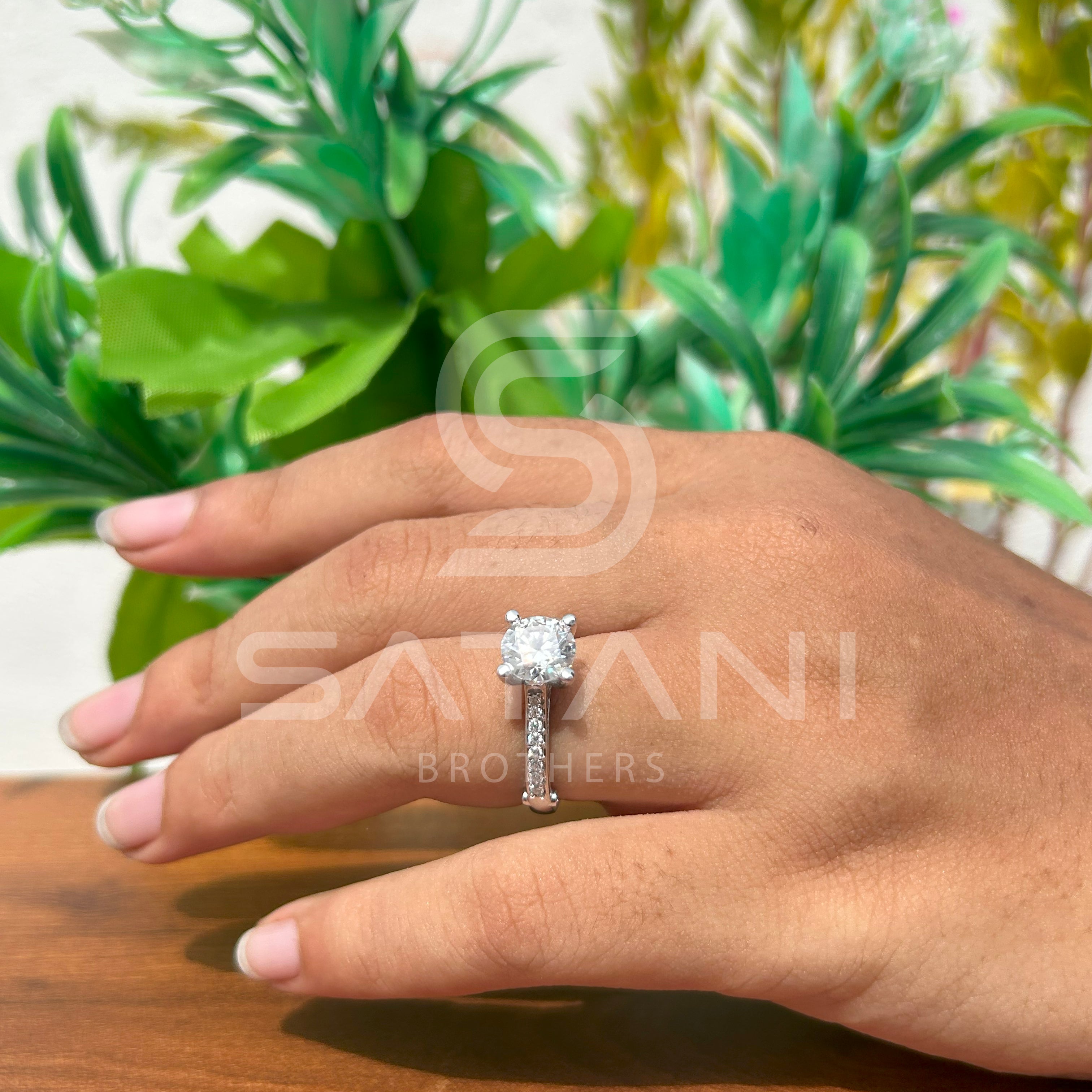 Round Cut Moissanite Engagement Ring – Classic Solitaire with Pavé Band, Elegant Moissanite Jewellery in White Gold by Satani Brothers