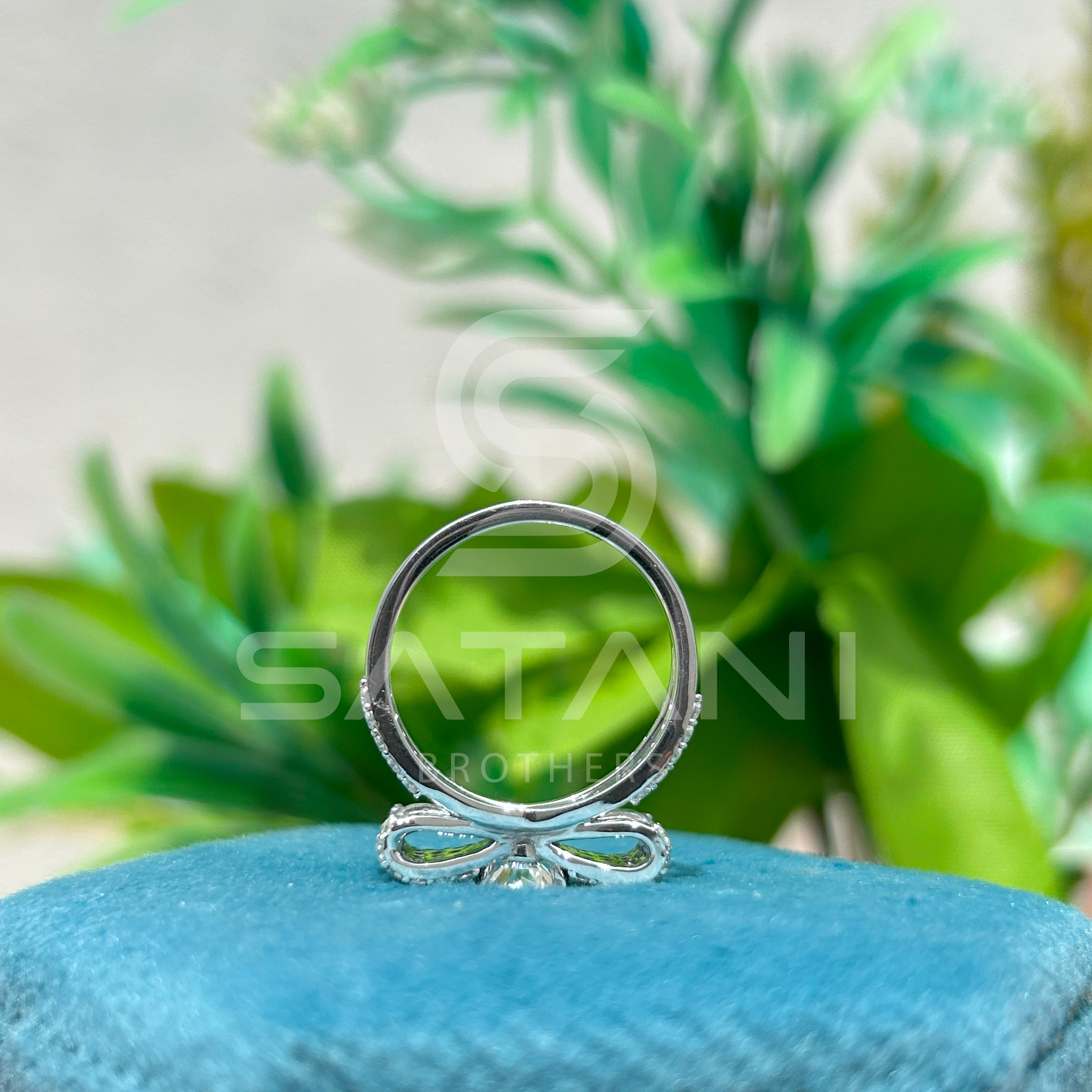 Moissanite Bow Engagement Ring – Round Cut Solitaire with Pave Diamond Accents, Unique Ribbon Design Bridal Ring, White Gold/Platinum"