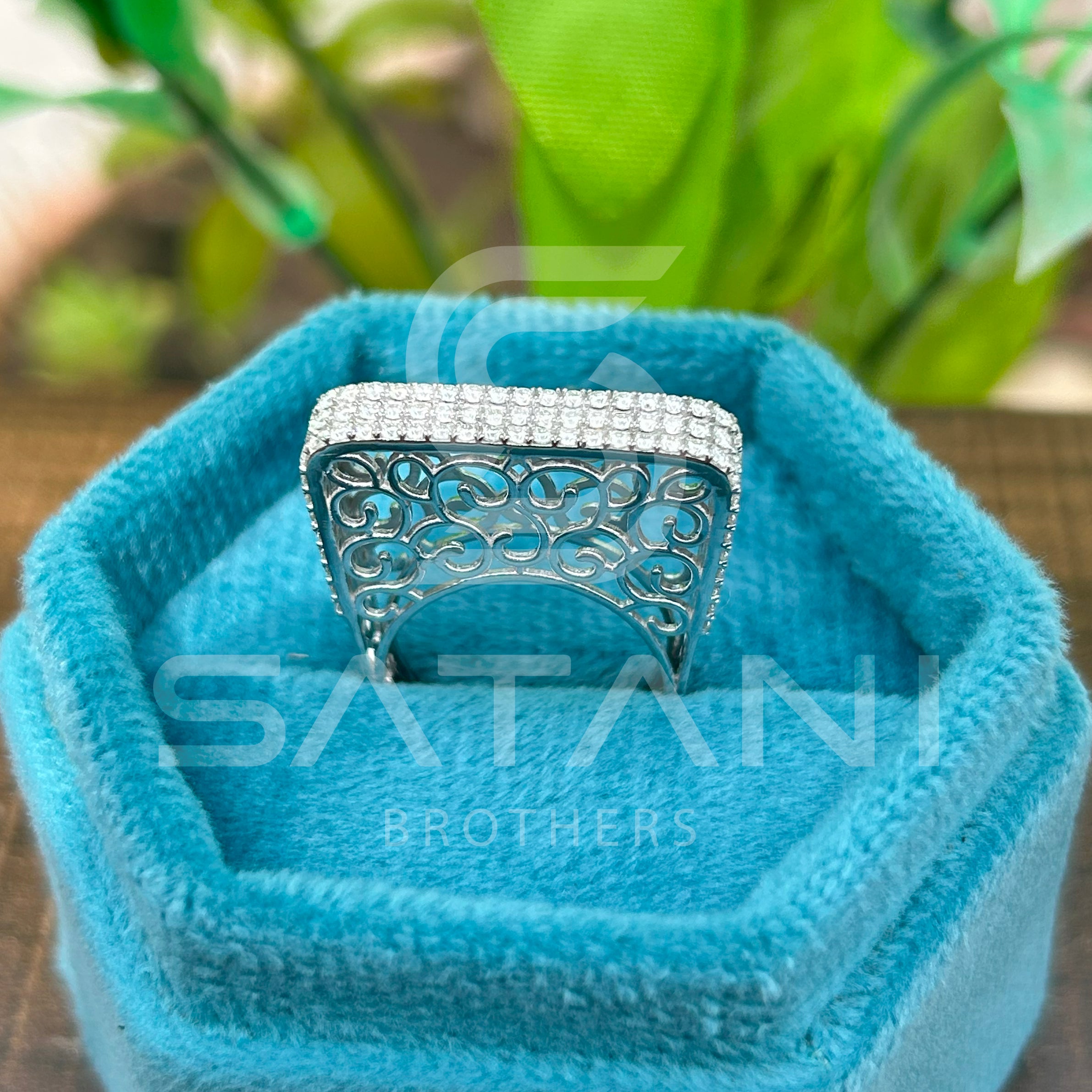 Elegant Wide Band Pave Diamond Ring – Multi-Row Rectangle Top with Filigree Design, Statement Cocktail Ring