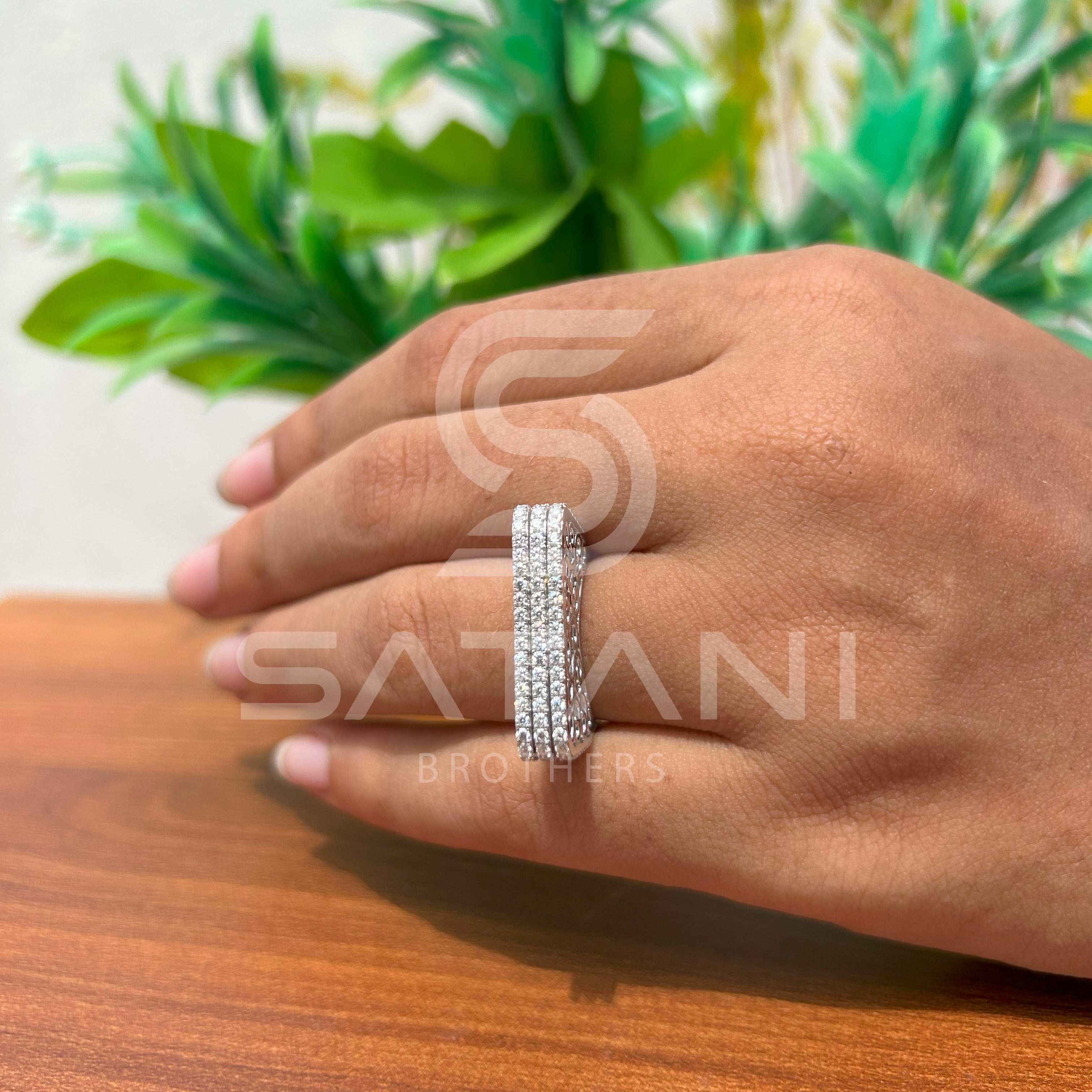 Elegant Wide Band Pave Diamond Ring – Multi-Row Rectangle Top with Filigree Design, Statement Cocktail Ring