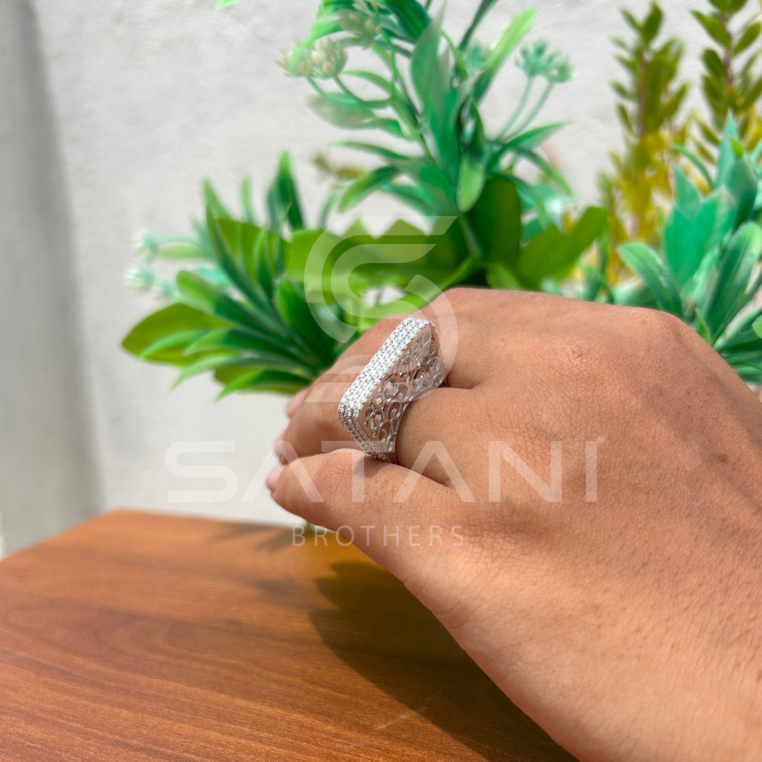 Elegant Wide Band Pave Diamond Ring – Multi-Row Rectangle Top with Filigree Design, Statement Cocktail Ring