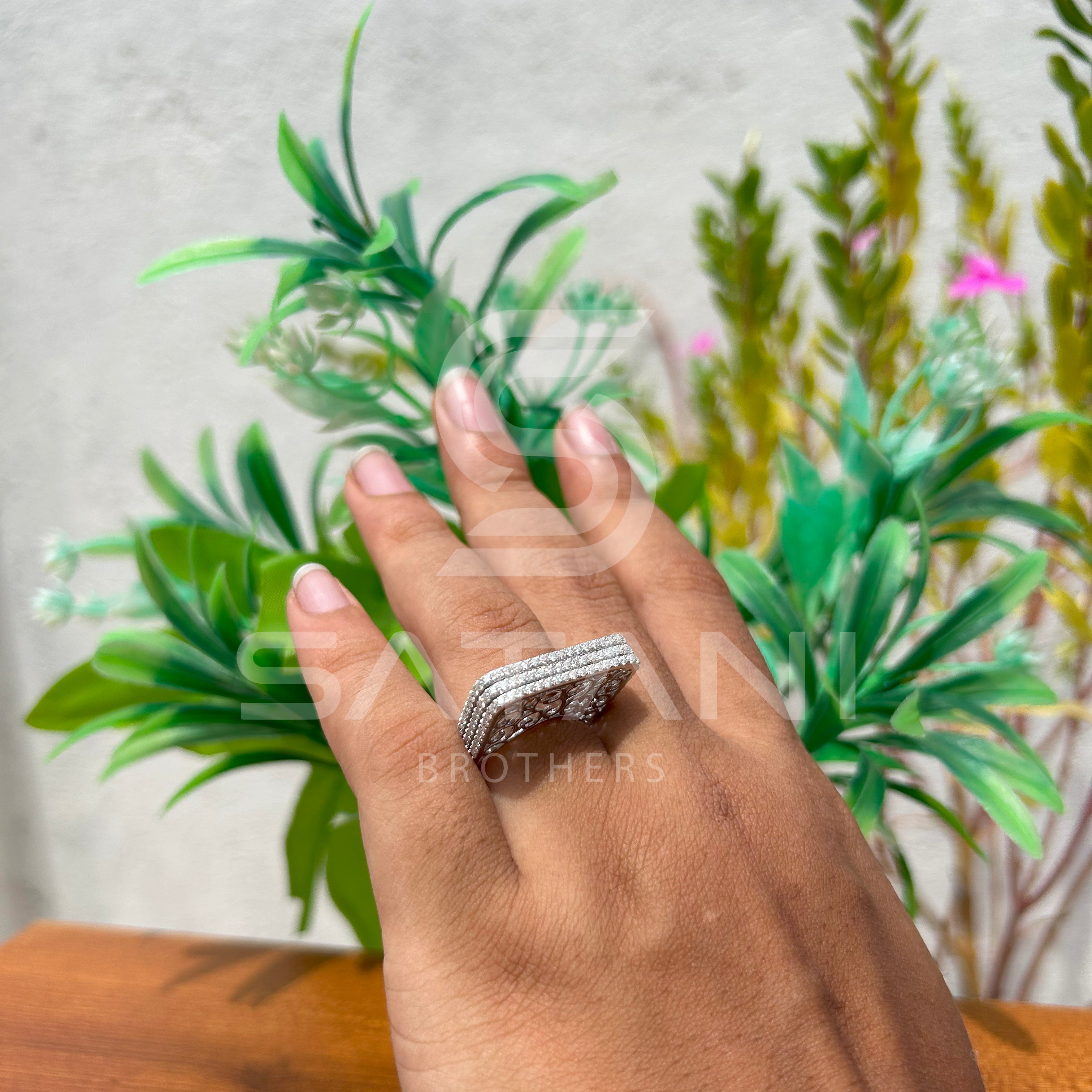 Elegant Wide Band Pave Diamond Ring – Multi-Row Rectangle Top with Filigree Design, Statement Cocktail Ring