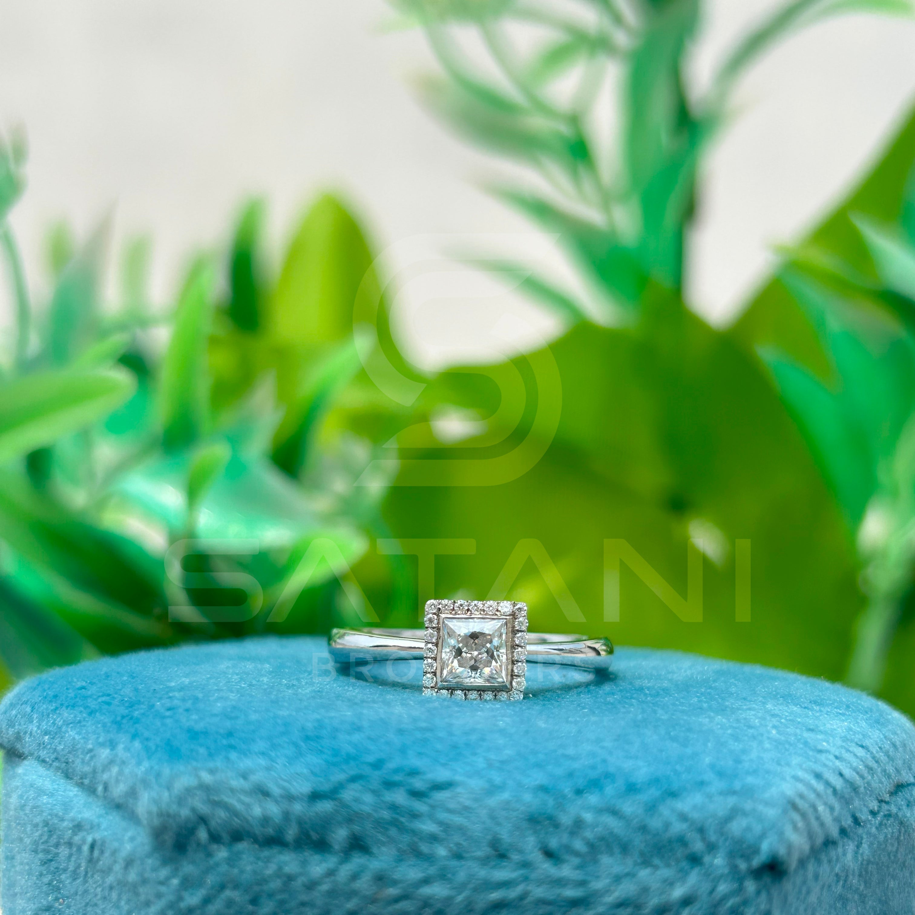 Princess Cut Diamond Halo Ring, 10K White Gold Engagement Ring, Square Solitaire Bridal Jewelry