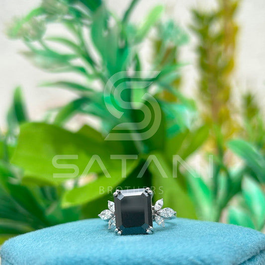 Emerald Cut Black Moissanite Engagement Ring – Unique Floral Leaf Accent Moissanite Jewellery in White Gold, Modern Statement Ring by Satani Brothers