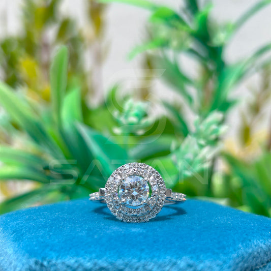 Round Moissanite Double Halo Engagement Ring | Dazzling Pave Setting | 925 Silver or Solid Gold | Classic Sparkling Bridal Ring for Her