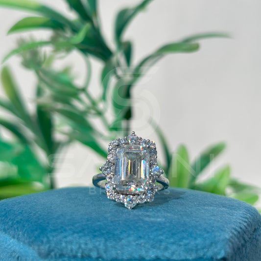 Emerald Cut Moissanite Halo Engagement Ring – Vintage Inspired Moissanite Jewellery in White Gold, Bridal Statement Ring by Satani Brothers