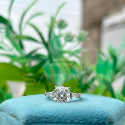 Cushion Cut Diamond Engagement Ring with Baguette Side Stones | 925 Silver Solitaire Ring | Classic Three Stone Diamond Ring for Women