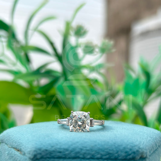 Cushion Cut Diamond Engagement Ring with Baguette Side Stones | 925 Silver Solitaire Ring | Classic Three Stone Diamond Ring for Women