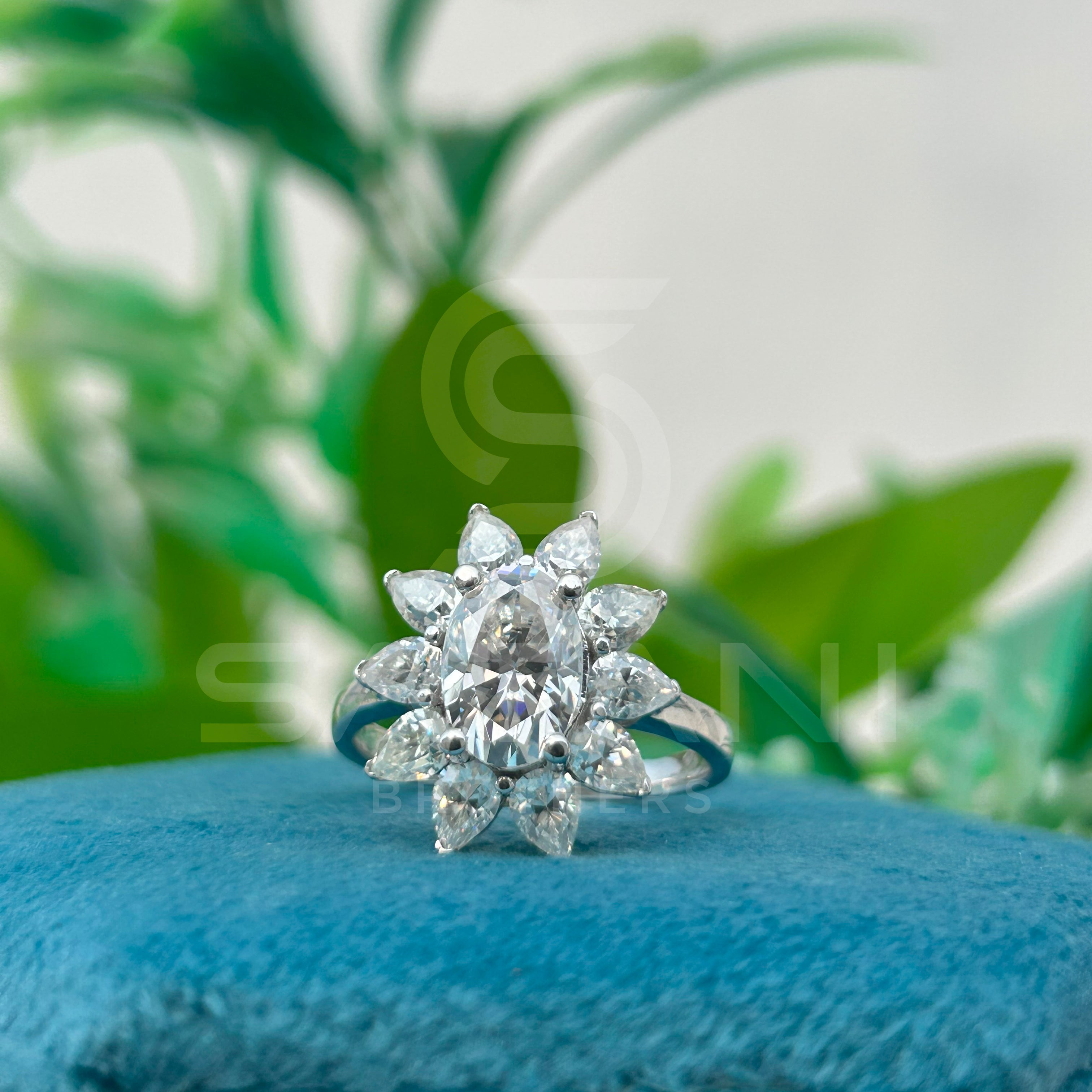 Oval Cut Diamond Engagement Ring – Pear Shape Side Stone Flower Cluster Ring, Elegant Wedding Jewelry