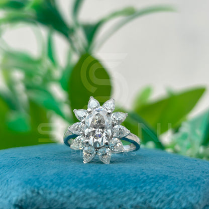 Oval Cut Diamond Engagement Ring – Pear Shape Side Stone Flower Cluster Ring, Elegant Wedding Jewelry