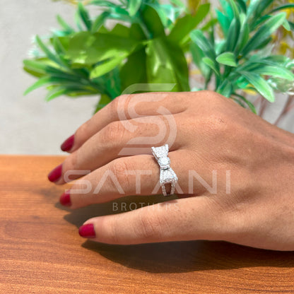 Moissanite Bow Engagement Ring – Round Cut Solitaire with Pave Diamond Accents, Unique Ribbon Design Bridal Ring, White Gold/Platinum"