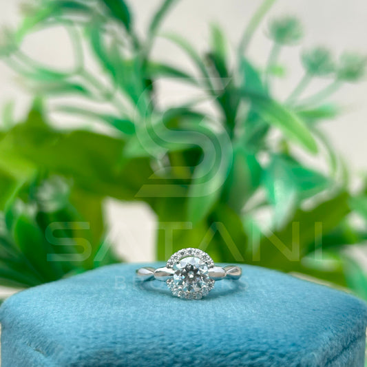 14K White Gold Halo Engagement Ring with Round Brilliant Cut Diamond & Pave Band