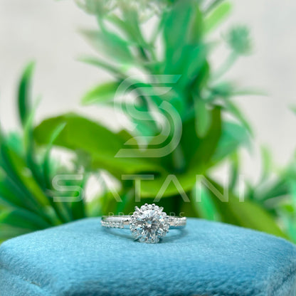 "Moissanite Halo Engagement Ring – Round Cut Solitaire with Dainty Pave Band, Classic Diamond Alternative Bridal Ring, White Gold/Platinum"