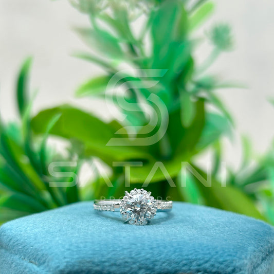 "Moissanite Halo Engagement Ring – Round Cut Solitaire with Dainty Pave Band, Classic Diamond Alternative Bridal Ring, White Gold/Platinum"