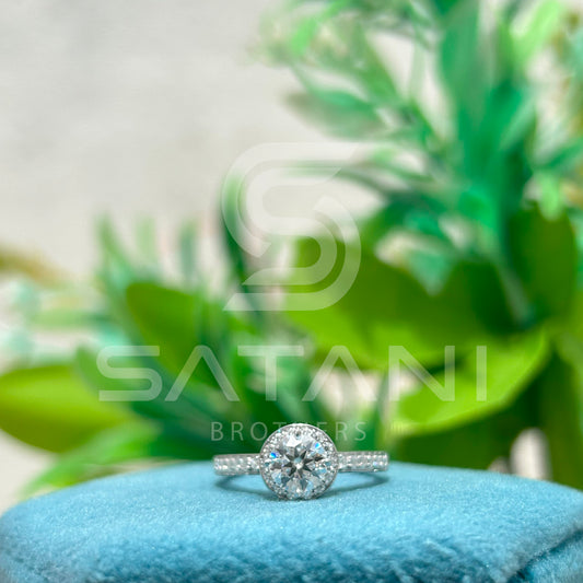 Moissanite Halo Engagement Ring – Round Cut Solitaire with Pave Band, Classic Diamond Alternative Bridal Ring, White Gold