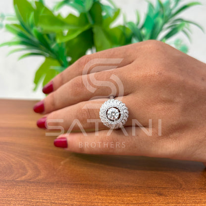 Round Halo Moissanite Statement Ring – Multi-Layer Pave Setting – Available in 925 Silver, 10K, 14K, 18K White or Rose Gold