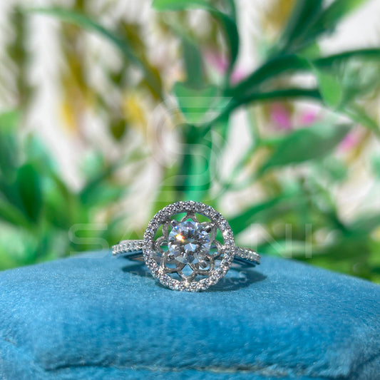 Round Cut Moissanite Halo Engagement Ring – Unique Twist Circle Design, Dainty Pave Band – 925 Silver, 10K, 14K, 18K Gold Options – Bridal & Anniversary Gif