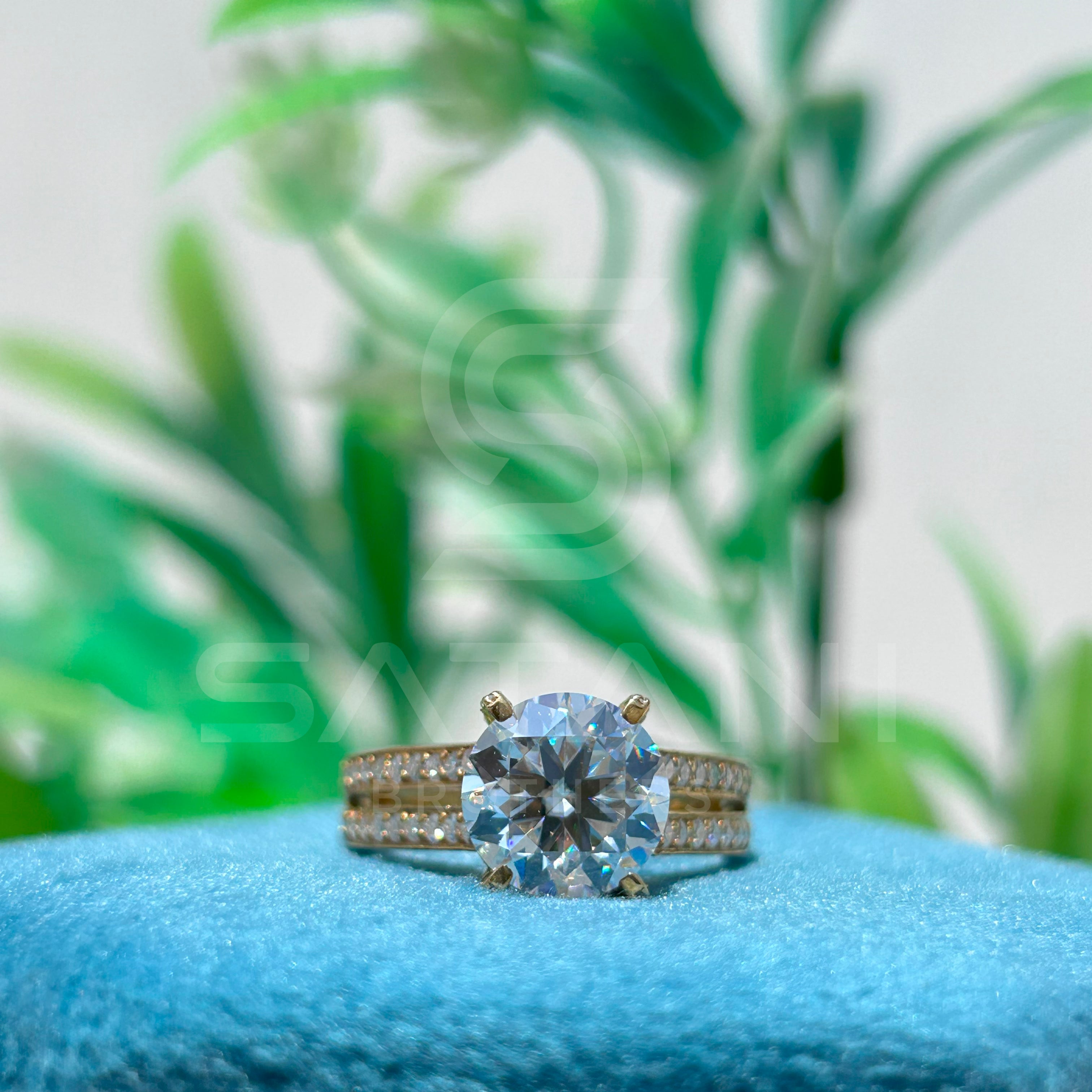 Round Brilliant Cut Diamond Engagement Ring with Double Pave Band in Yellow Gold