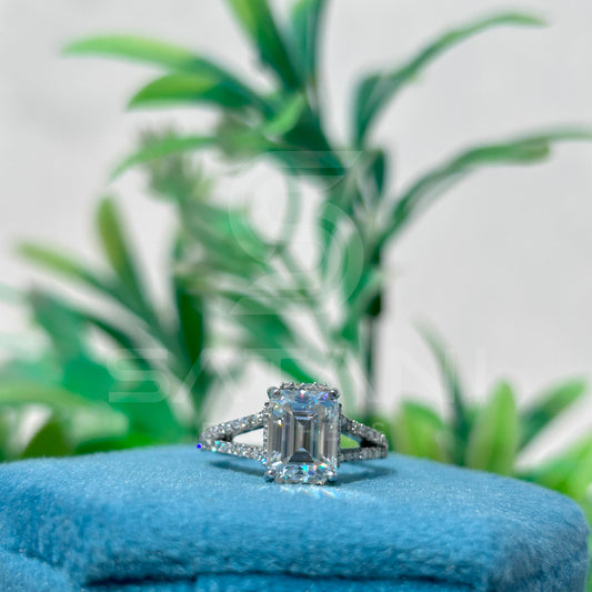 Emerald Cut Moissanite Engagement Ring | Split Shank Pave Band Ring | Three-Stone Bridal Ring | Sterling Silver Proposal Ring