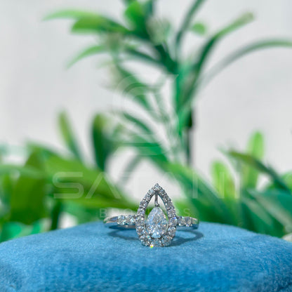 Pear Shaped Diamond Halo Engagement Ring, 10K White Gold Teardrop Ring, Unique Bridal Jewelry Gift