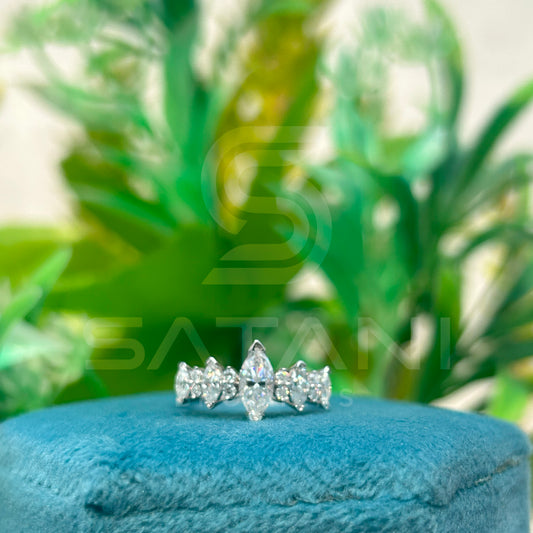 Marquise and Round Cut Moissanite Ring | Dainty Alternating Stone Band | Unique Anniversary or Stacking Ring | 925 Silver or Gold Finish