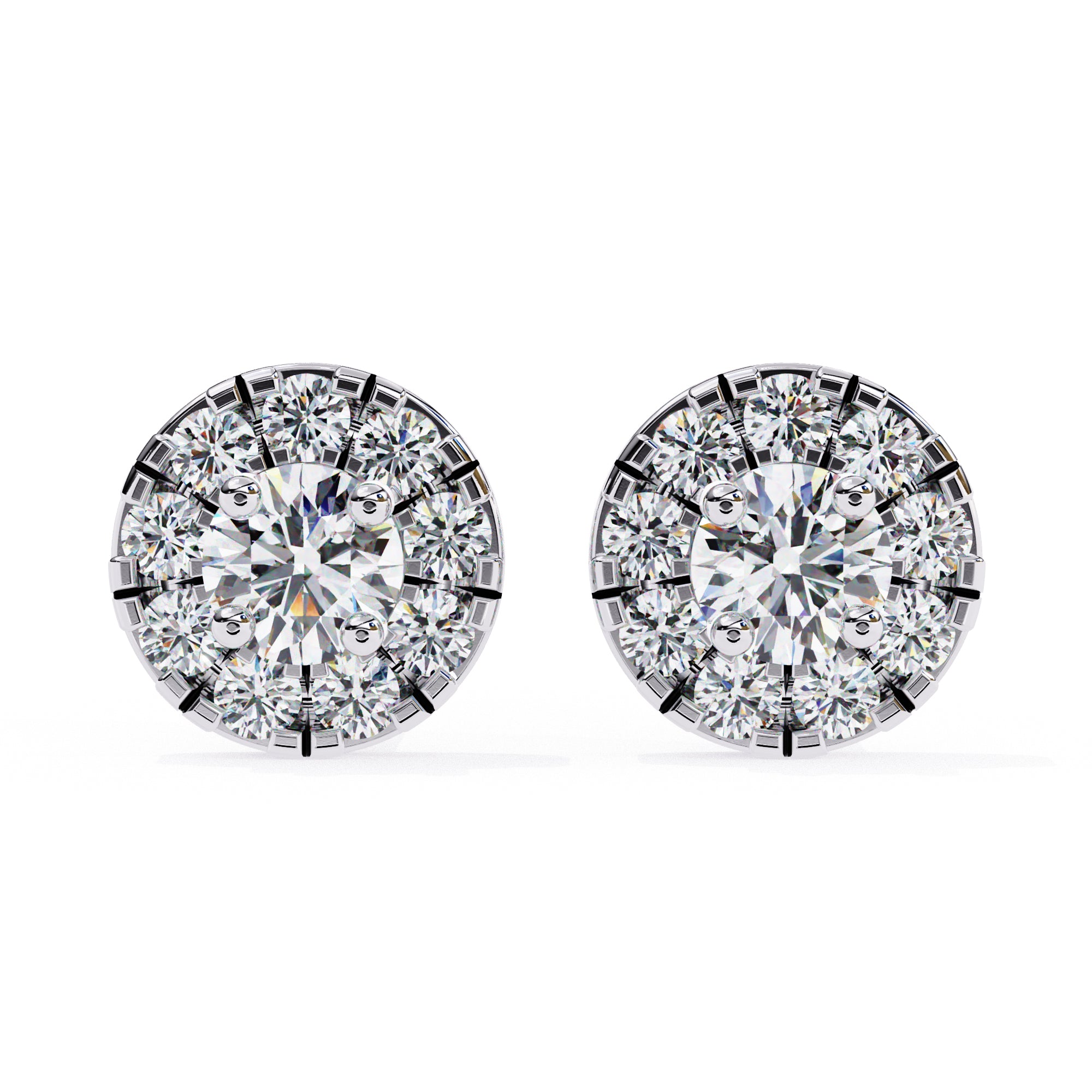 Round Diamond Halo Stud Earrings in 925 Sterling Silver – 0.27 Ct Total, Center 3.2 mm & Side 1.6 mm Diamonds, 2g