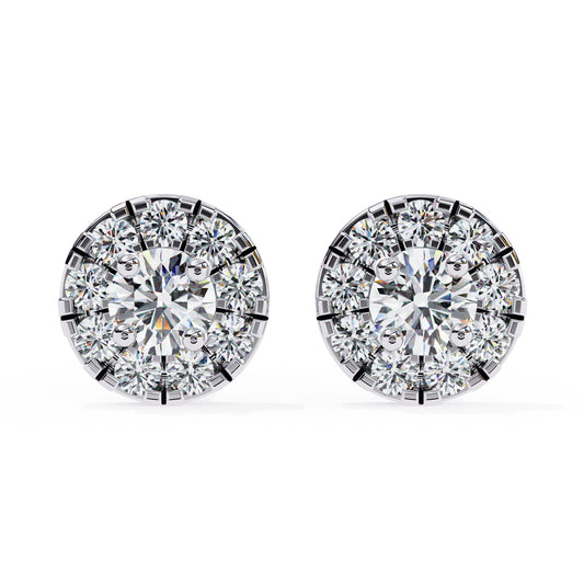 Round Diamond Halo Stud Earrings in 925 Sterling Silver – 0.27 Ct Total, Center 3.2 mm & Side 1.6 mm Diamonds, 2g