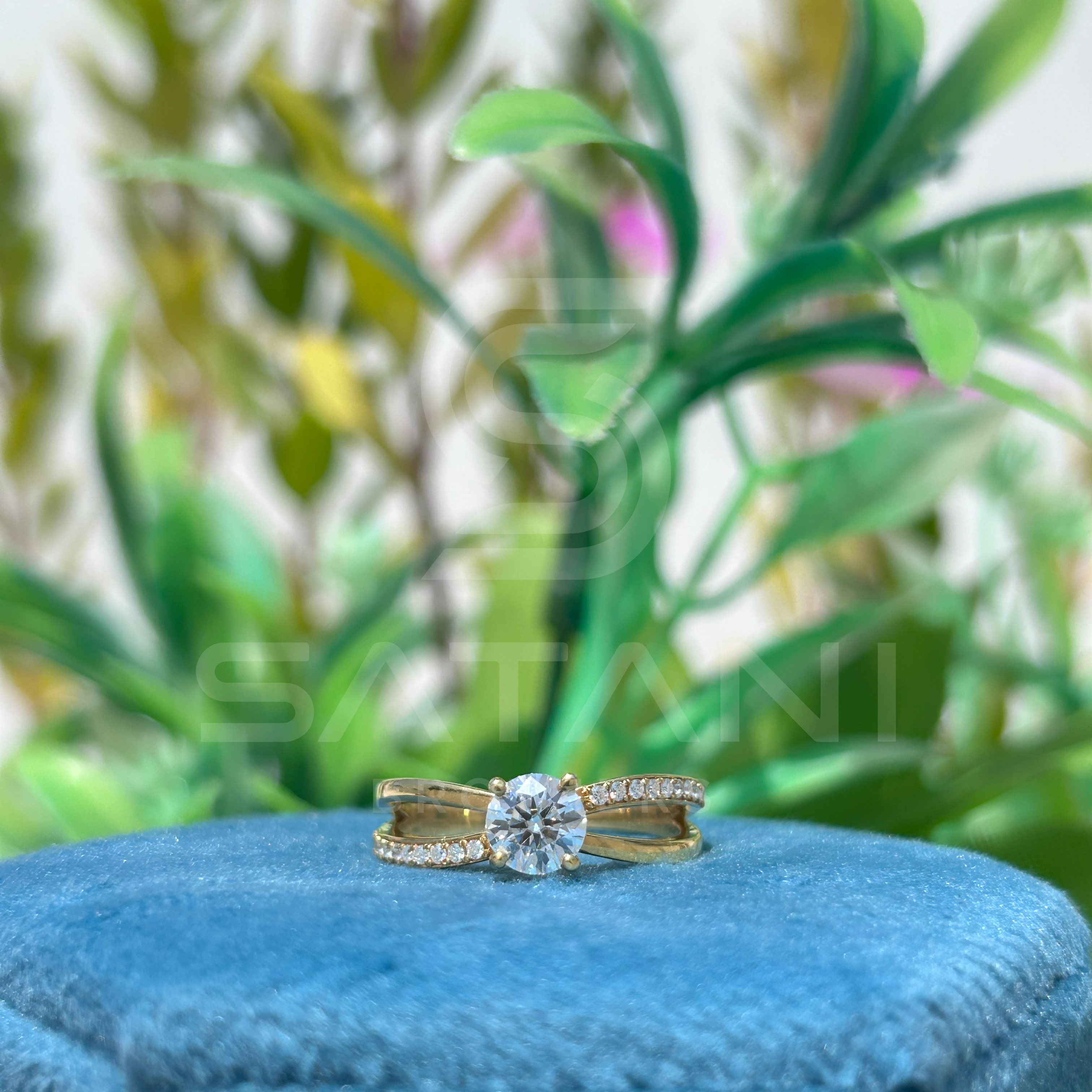 Gold Moissanite Engagement Ring | Round Cut Solitaire with Pave Band | Dainty Split Shank Ring | Minimalist Promise Ring | 925 Gold Plated Silver