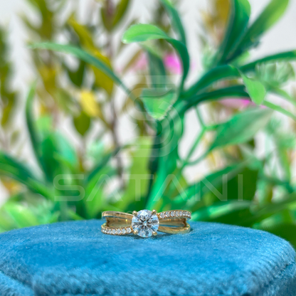 Gold Moissanite Engagement Ring | Round Cut Solitaire with Pave Band | Dainty Split Shank Ring | Minimalist Promise Ring | 925 Gold Plated Silver