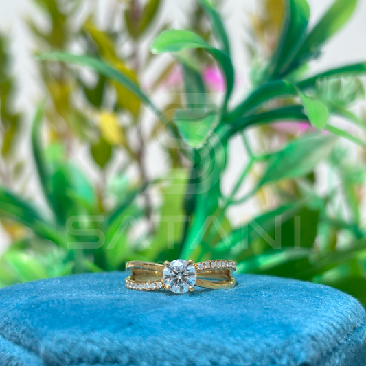 Gold Moissanite Engagement Ring | Round Cut Solitaire with Pave Band | Dainty Split Shank Ring | Minimalist Promise Ring | 925 Gold Plated Silver