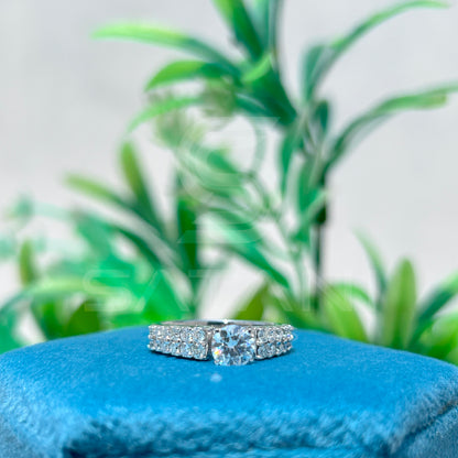 “Round Cut Diamond Engagement Ring – Pave Side Stone Double Row Band, Classic Wedding Jewelry”