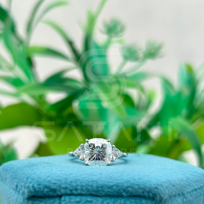 Cushion Cut Moissanite Engagement Ring with Triangle Side Stones | Three Stone Bridal Ring in White Gold