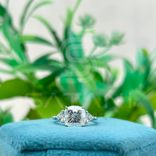 Cushion Cut Moissanite Engagement Ring with Triangle Side Stones | Three Stone Bridal Ring in White Gold