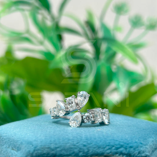 Diamond Band Ring with Emerald, Round, Pear & Marquise Cut Stones | 925 Silver Multi-Shape Diamond Ring | Elegant Anniversary or Wedding Band