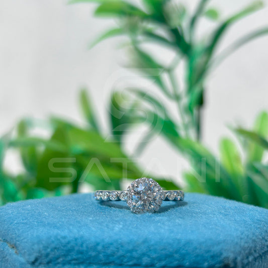 "Round Cut Moissanite Halo Engagement Ring in Sterling Silver"