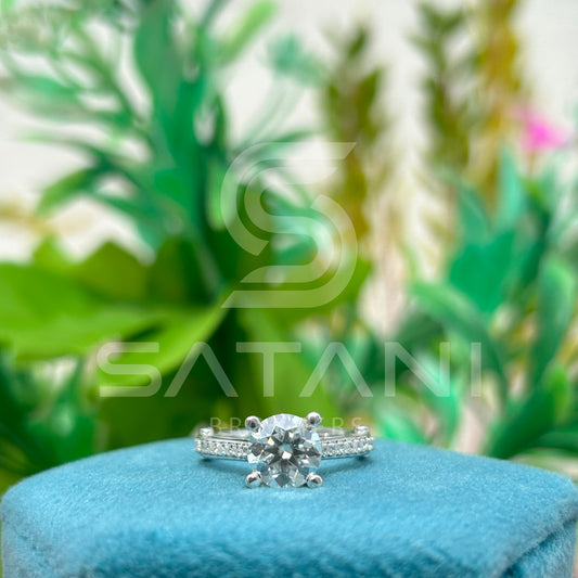 Round Cut Moissanite Engagement Ring – Classic Solitaire with Pavé Band, Elegant Moissanite Jewellery in White Gold by Satani Brothers