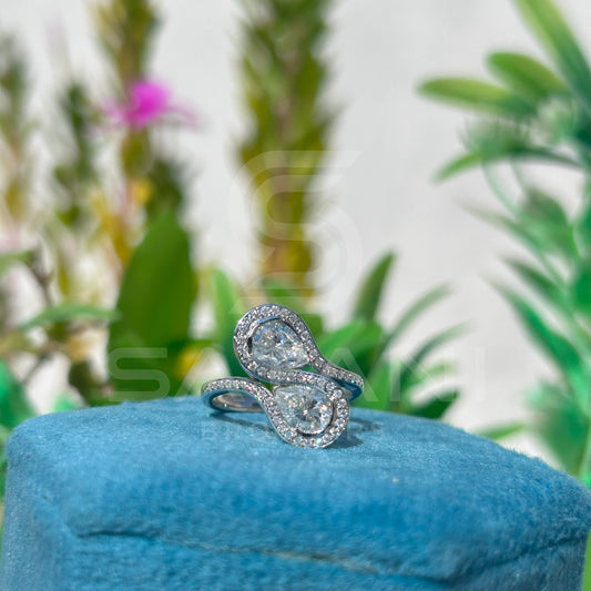Bypass Pear Moissanite Ring | Dual Teardrop with Round Side Sparkle | Elegant Two-Stone Ring